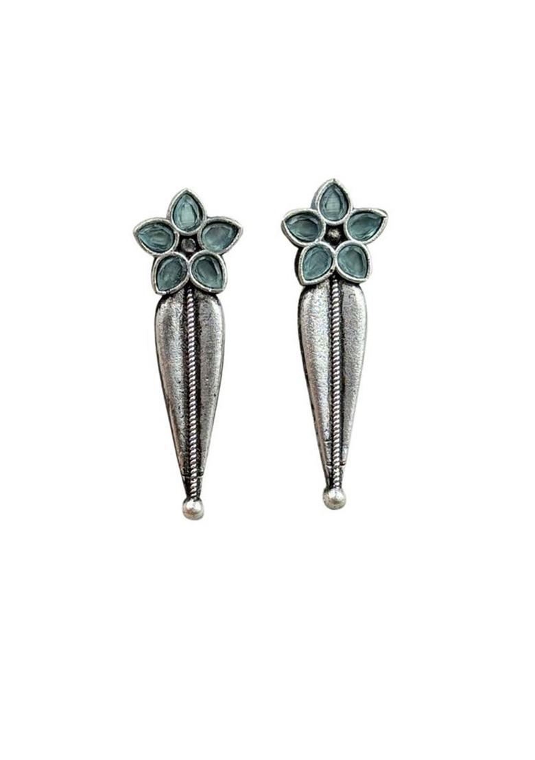 Silver Plated Artificial Stones Studded Floral Shaped Oxidised Drop Earrings