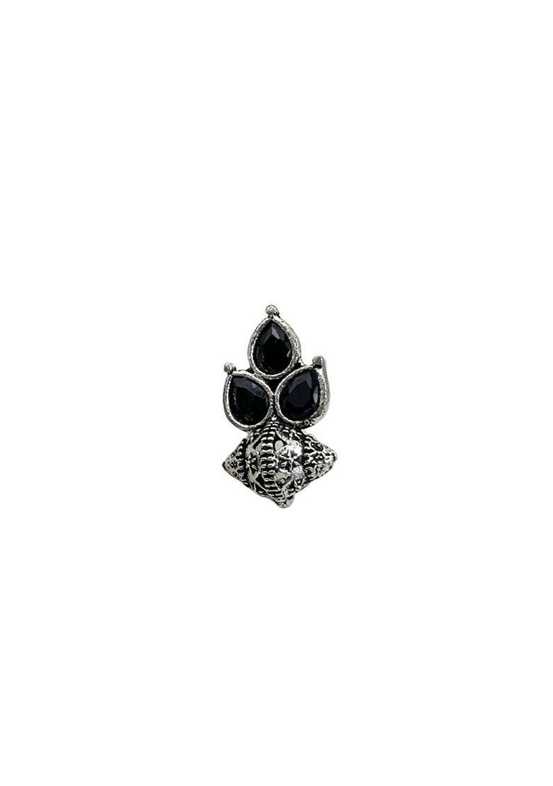 Silver Plated Stones Studded And Beaded Teardrop Shaped Oxidised Studs - Indya