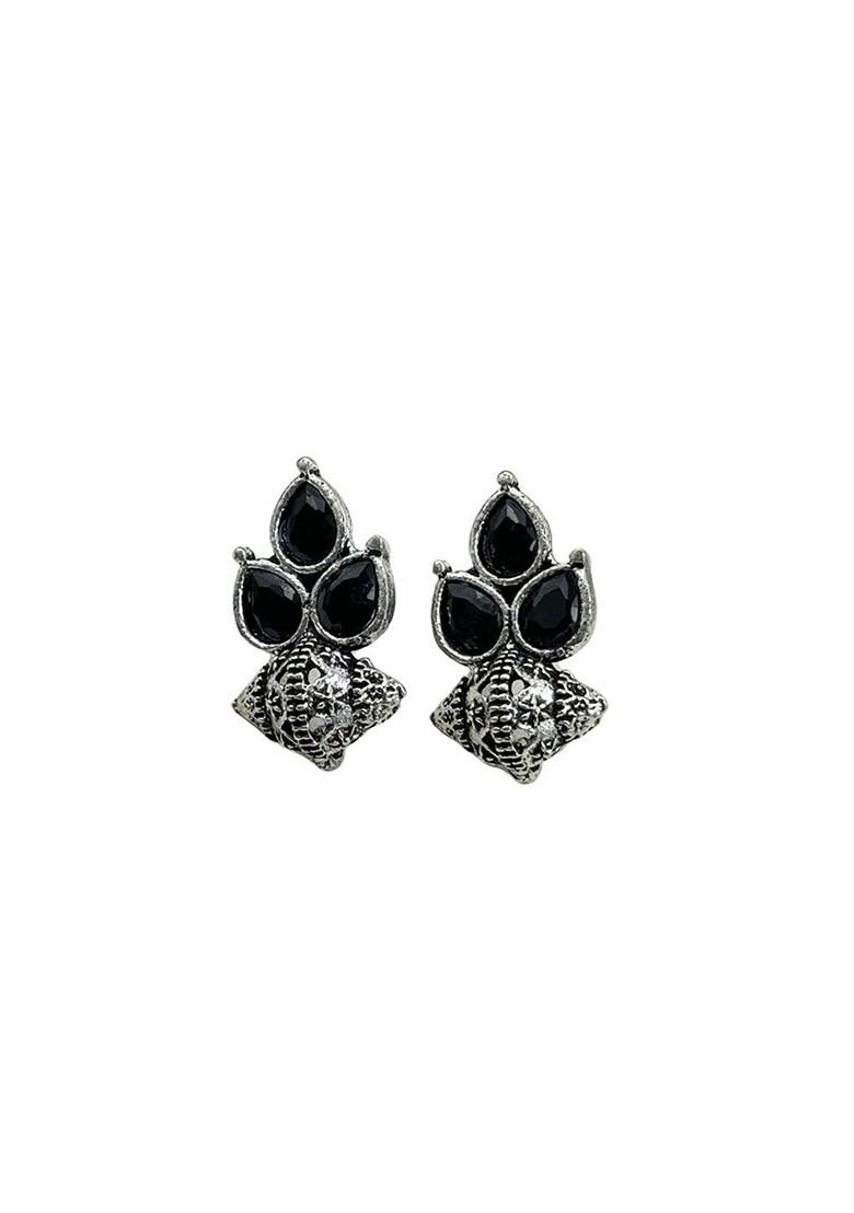 Silver Plated Stones Studded And Beaded Teardrop Shaped Oxidised Studs