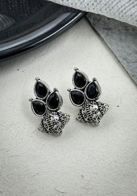 Silver Plated Stones Studded And Beaded Teardrop Shaped Oxidised Studs