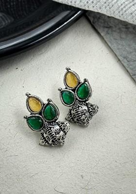 Silver Plated Artificial Stones Studded And Beaded Teardrop Shaped Oxidised Studs