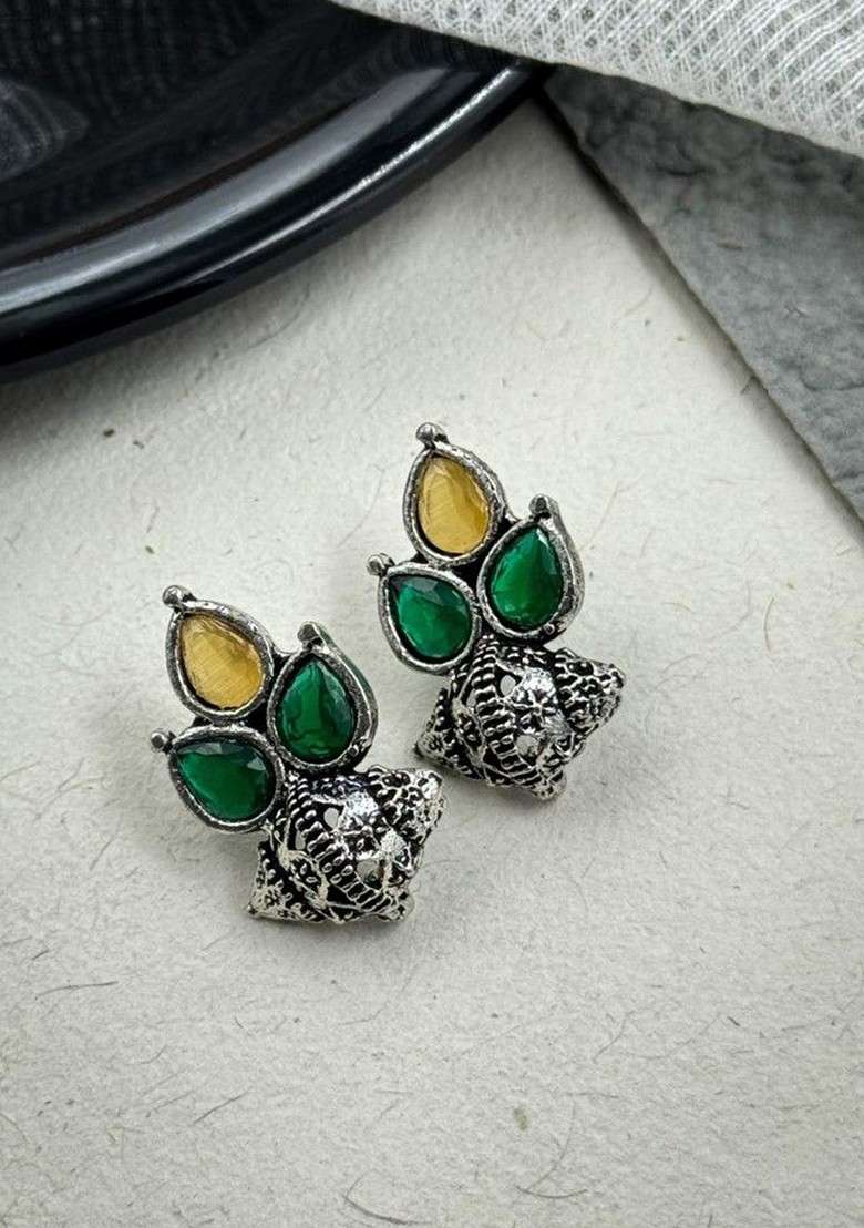 Silver Plated Artificial Stones Studded And Beaded Teardrop Shaped Oxidised Studs - Indya