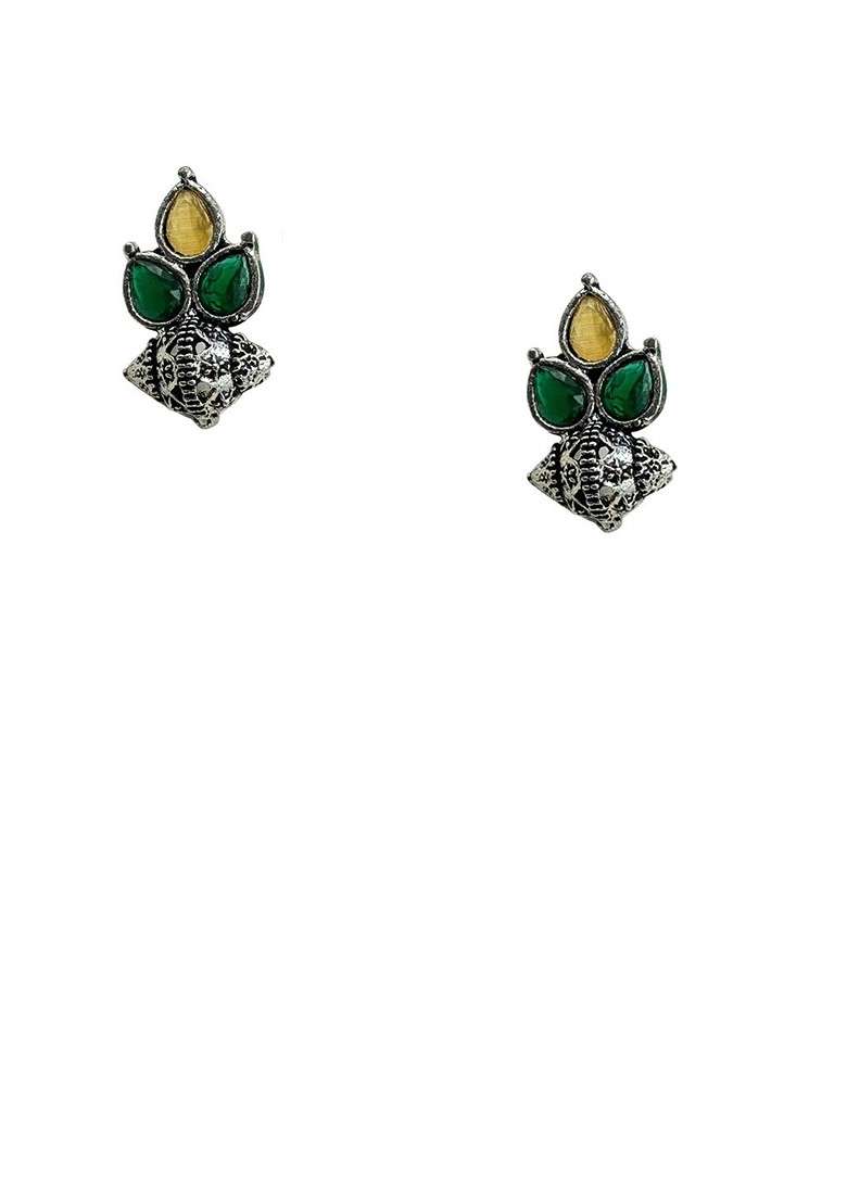 Silver Plated Artificial Stones Studded And Beaded Teardrop Shaped Oxidised Studs - Indya
