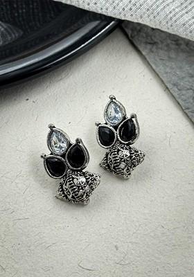 Silver Plated Artificial Stones Studded And Beaded Teardrop Shaped Oxidised Studs