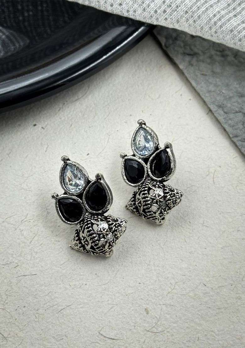 Silver Plated Artificial Stones Studded And Beaded Teardrop Shaped Oxidised Studs - Indya