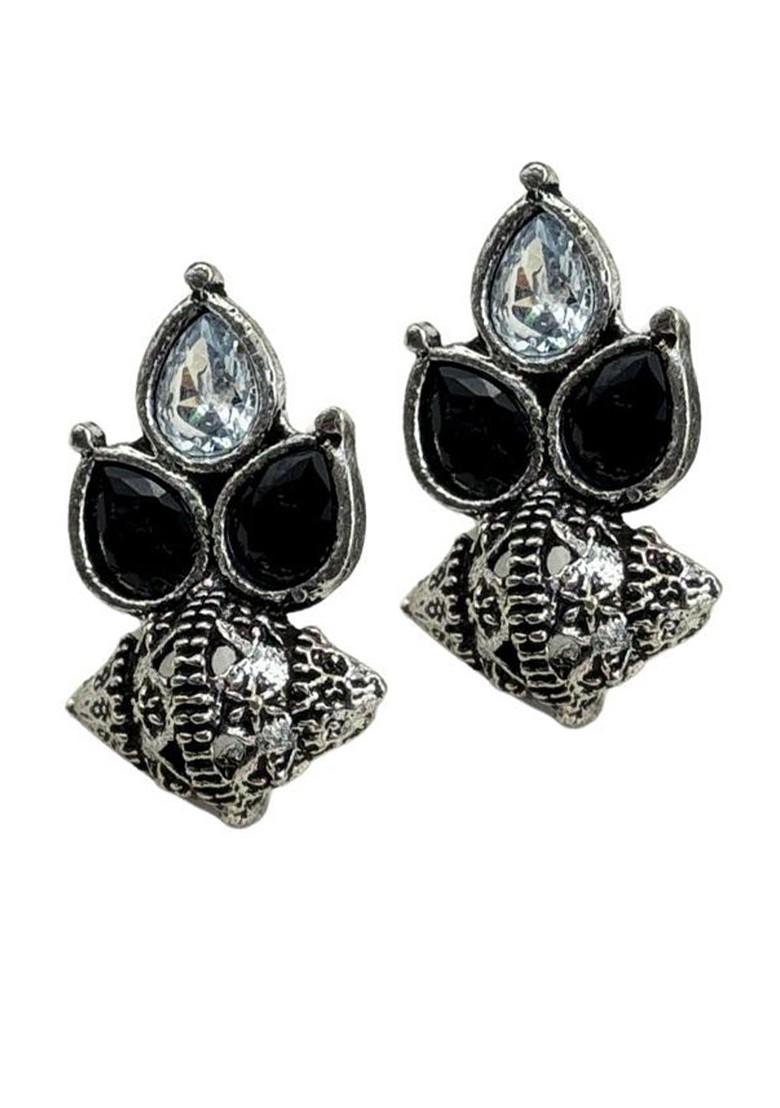Silver Plated Artificial Stones Studded And Beaded Teardrop Shaped Oxidised Studs