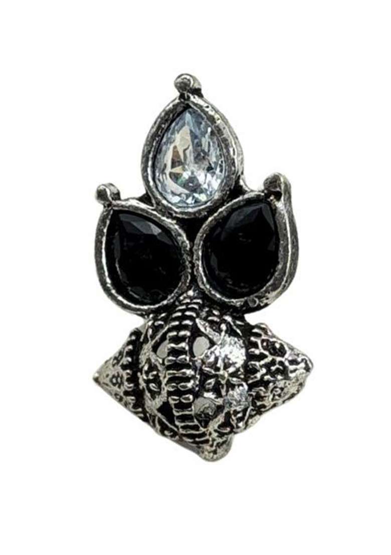 Silver Plated Artificial Stones Studded And Beaded Teardrop Shaped Oxidised Studs - Indya