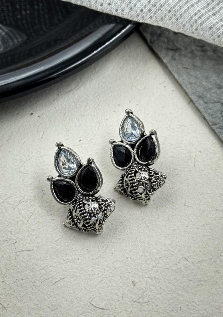 Silver Plated Artificial Stones Studded And Beaded Teardrop Shaped Oxidised Studs
