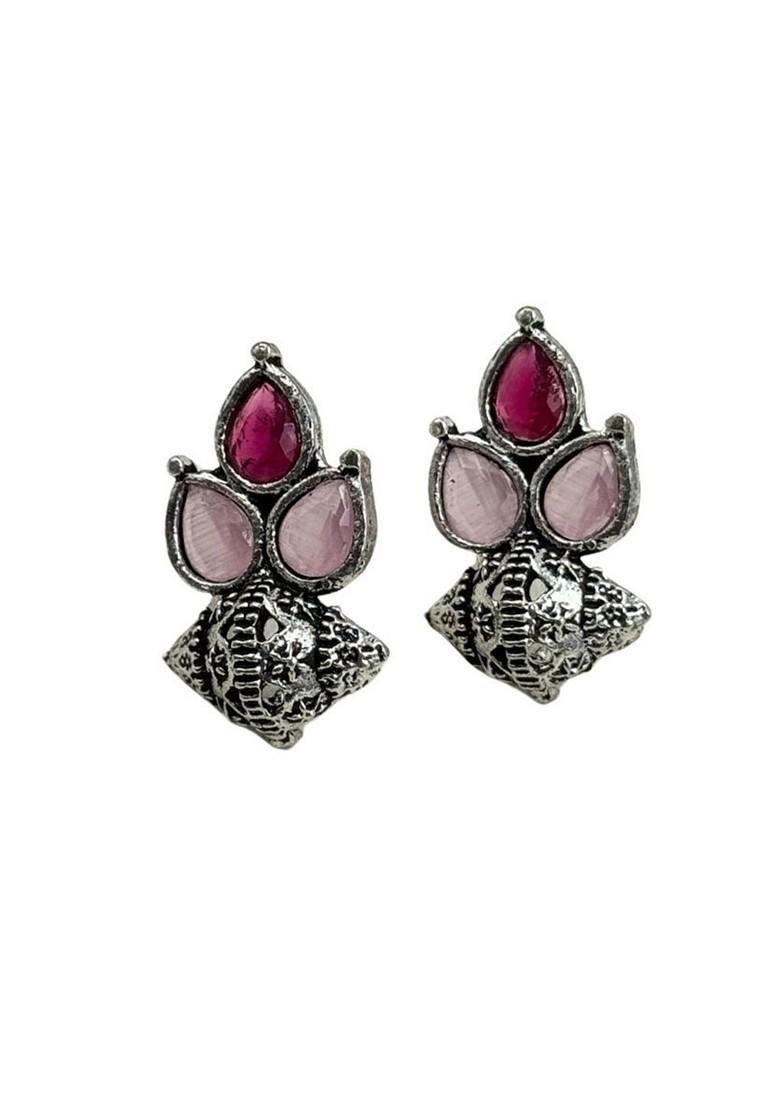 Silver Plated Artificial Stones Studded Floral Shaped Oxidised Drop Earrings