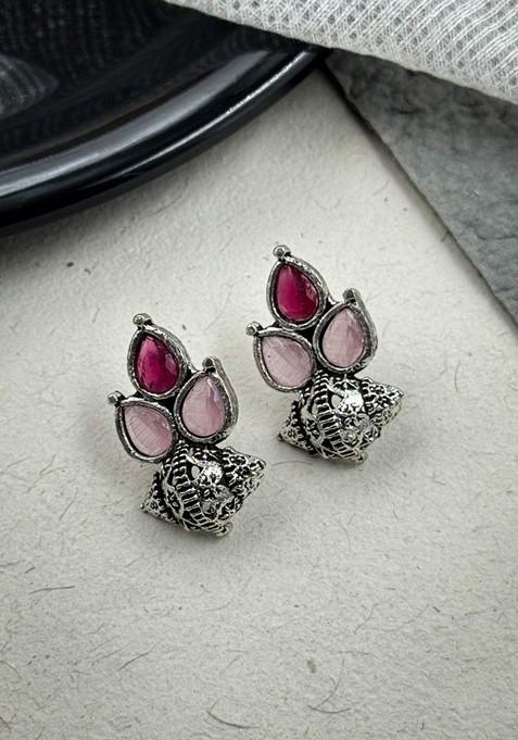 Silver Plated Artificial Stones Studded Floral Shaped Oxidised Drop Earrings