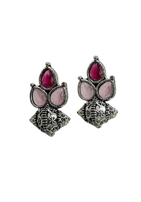 Silver Plated Artificial Stones Studded Floral Shaped Oxidised Drop Earrings