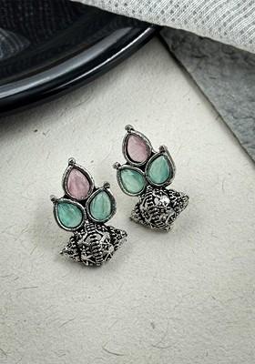 Silver Plated Artificial Stones Studded And Beaded Teardrop Shaped Oxidised Studs