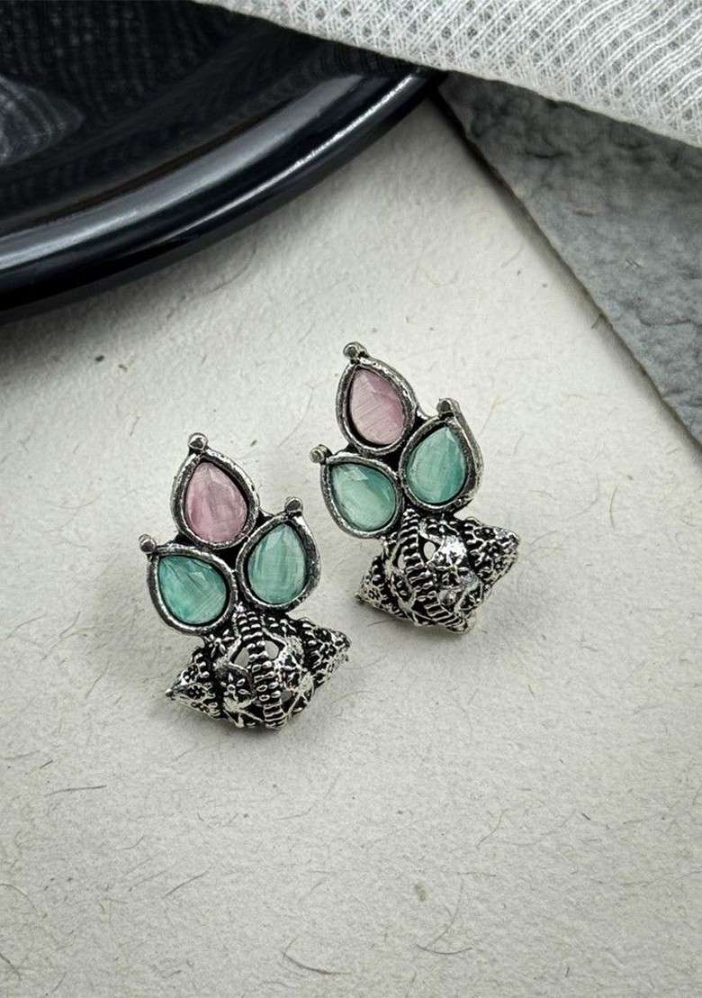 Silver Plated Artificial Stones Studded And Beaded Teardrop Shaped Oxidised Studs - Indya