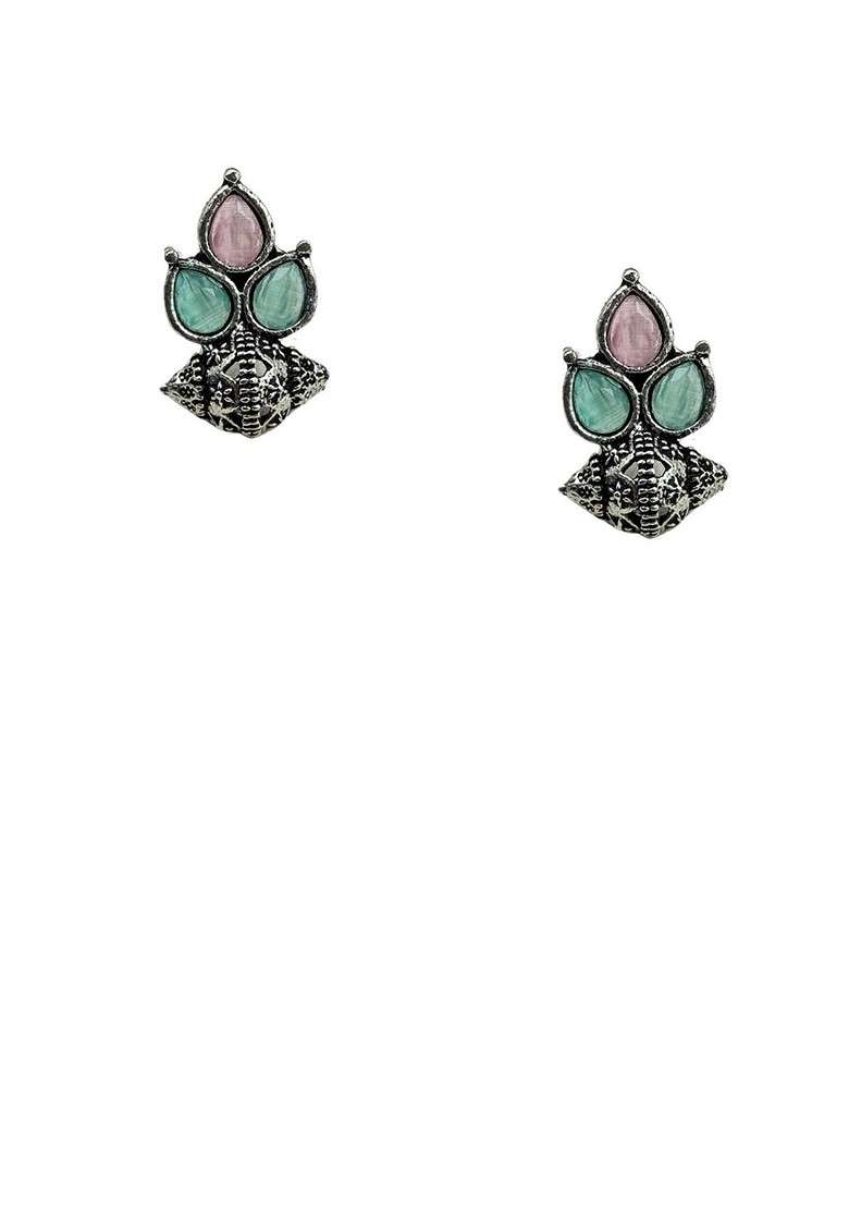 Silver Plated Artificial Stones Studded And Beaded Teardrop Shaped Oxidised Studs - Indya