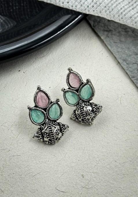Silver Plated Artificial Stones Studded And Beaded Teardrop Shaped Oxidised Studs