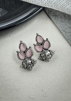 Silver Plated Stones Studded And Beaded Teardrop Shaped Oxidised Studs