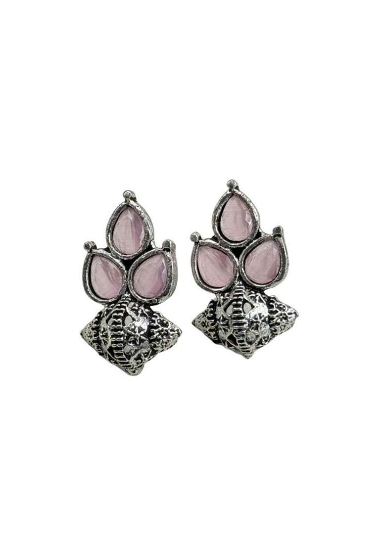 Silver Plated Stones Studded And Beaded Teardrop Shaped Oxidised Studs - Indya