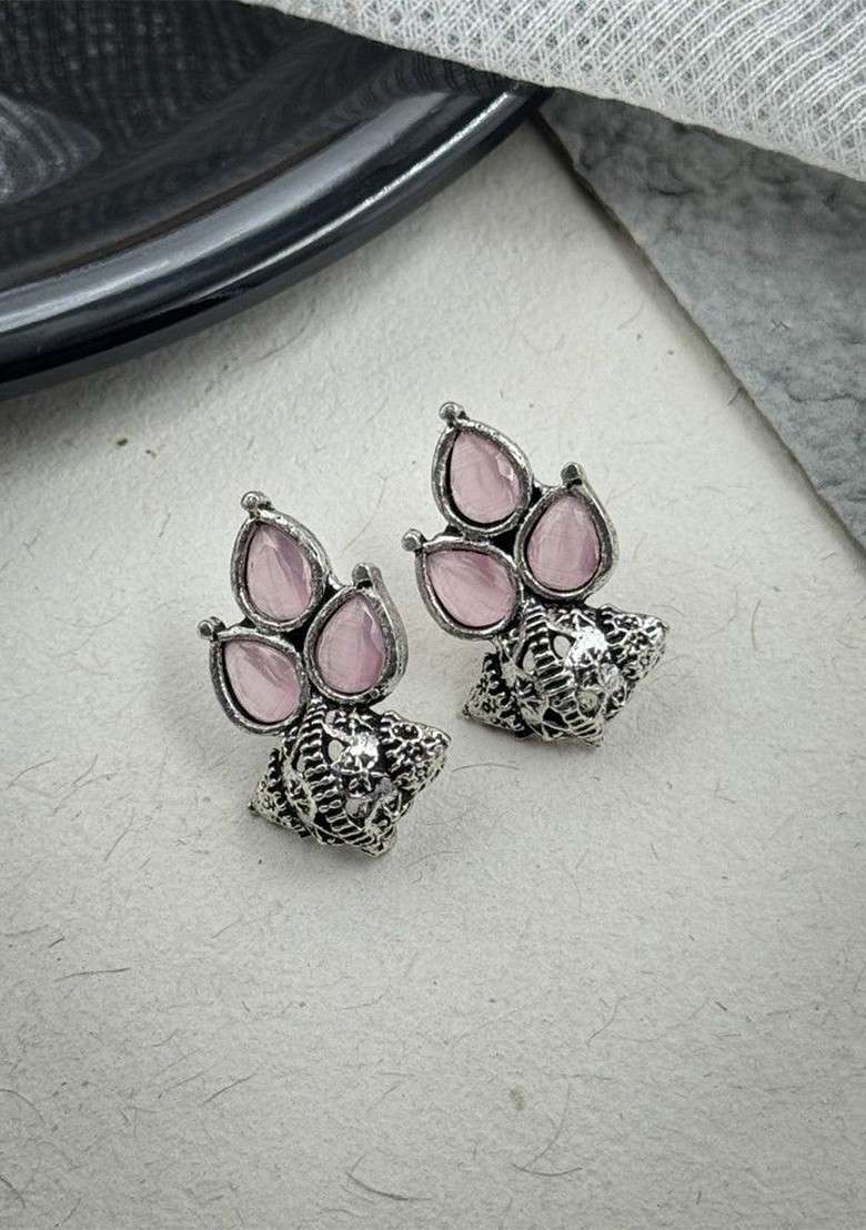 Silver Plated Stones Studded And Beaded Teardrop Shaped Oxidised Studs - Indya