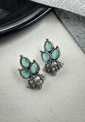 Silver Plated Artificial Stones Studded Floral Shaped Oxidised Drop Earrings
