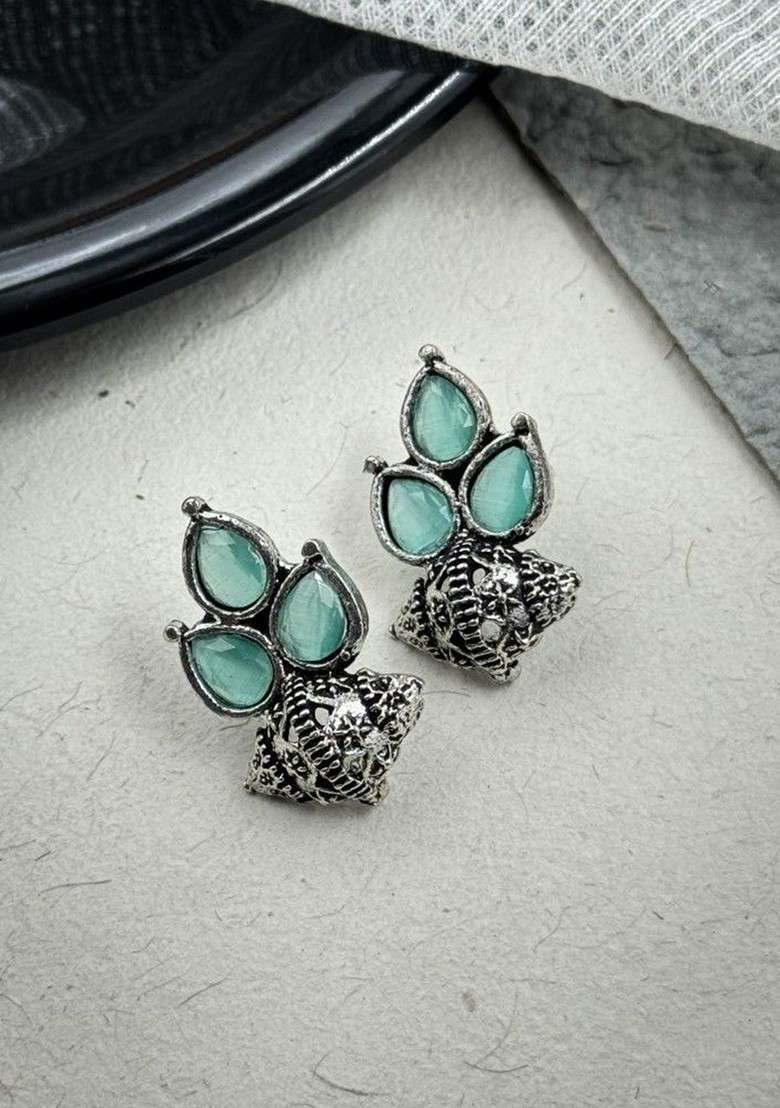 Silver Plated Artificial Stones Studded Floral Shaped Oxidised Drop Earrings - Indya