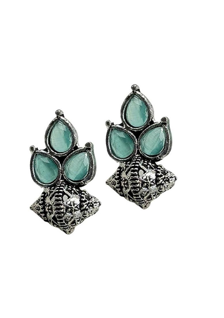 Silver Plated Artificial Stones Studded Floral Shaped Oxidised Drop Earrings