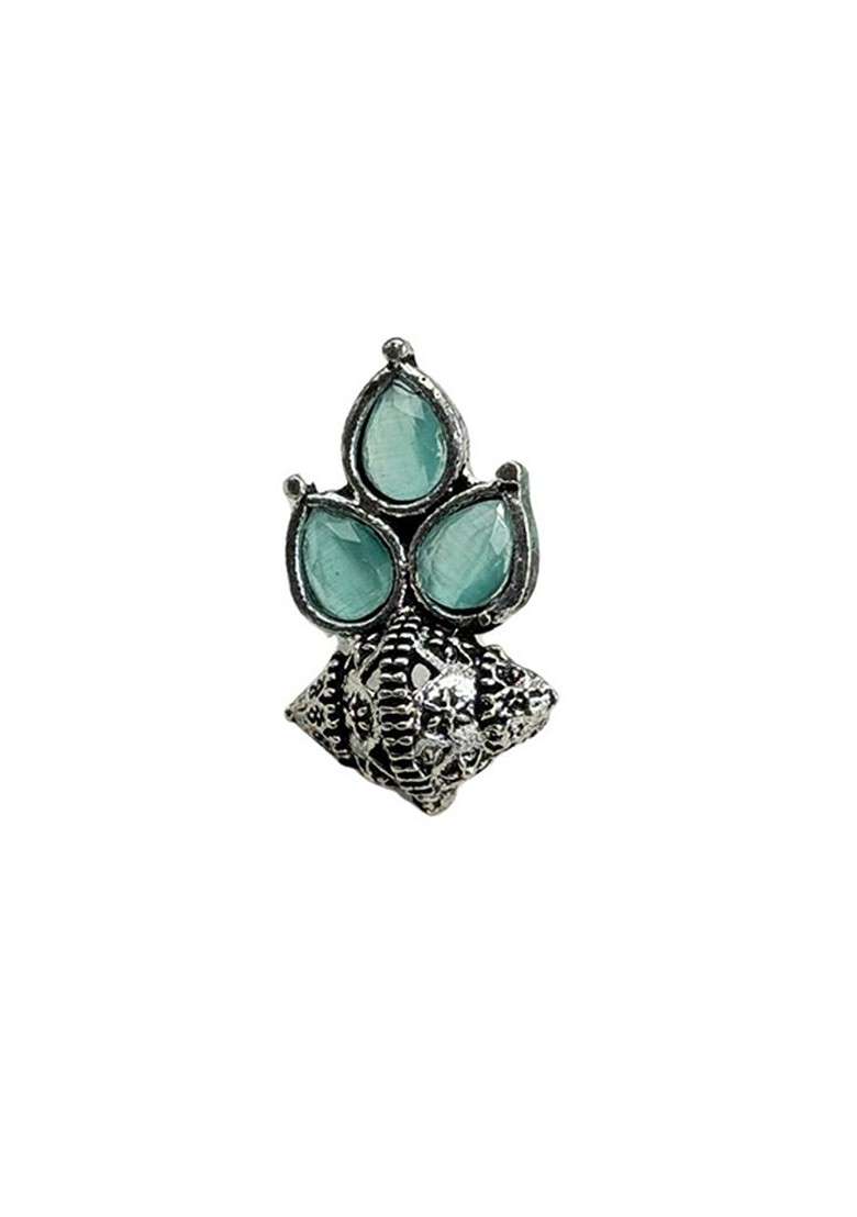 Silver Plated Artificial Stones Studded Floral Shaped Oxidised Drop Earrings - Indya