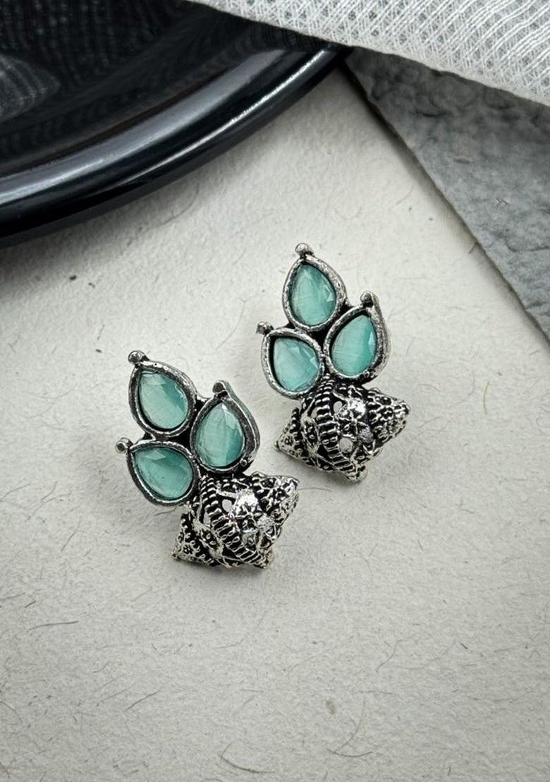 Silver Plated Artificial Stones Studded Floral Shaped Oxidised Drop Earrings
