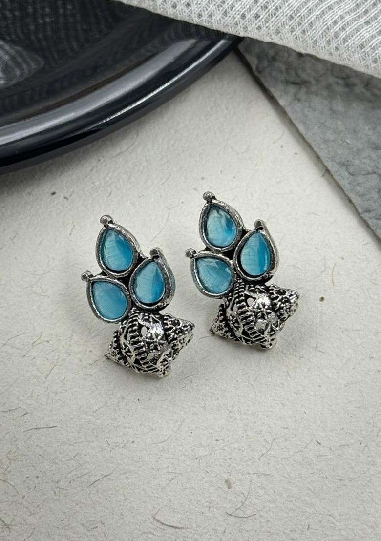 Silver Plated Stones Studded And Beaded Teardrop Shaped Oxidised Studs - Indya