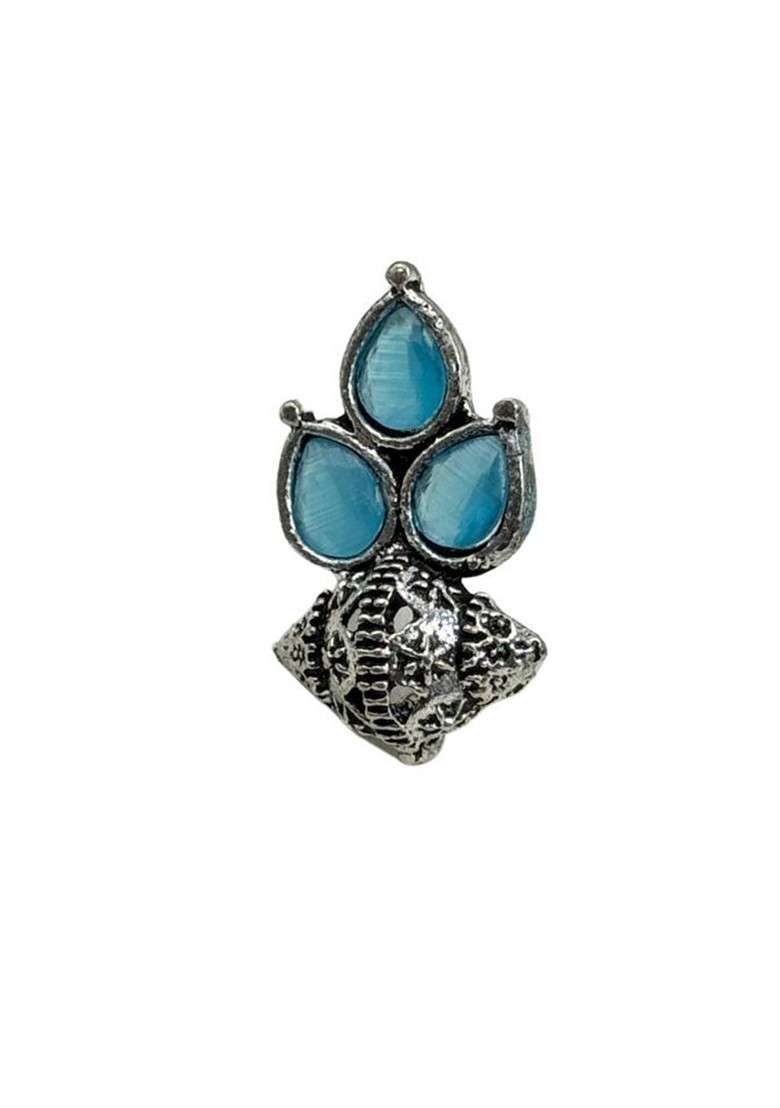 Silver Plated Stones Studded And Beaded Teardrop Shaped Oxidised Studs - Indya