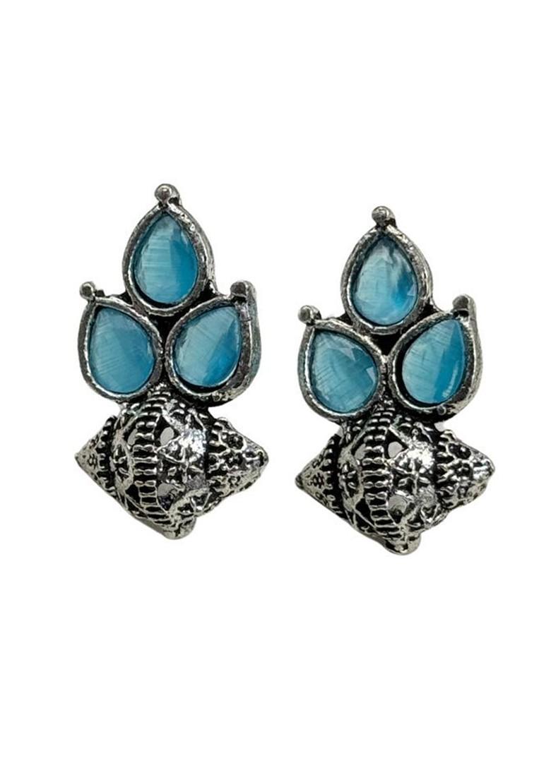 Silver Plated Stones Studded And Beaded Teardrop Shaped Oxidised Studs