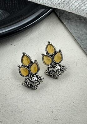 Silver Plated Artificial Stones Studded And Beaded Teardrop Shaped Oxidised Studs