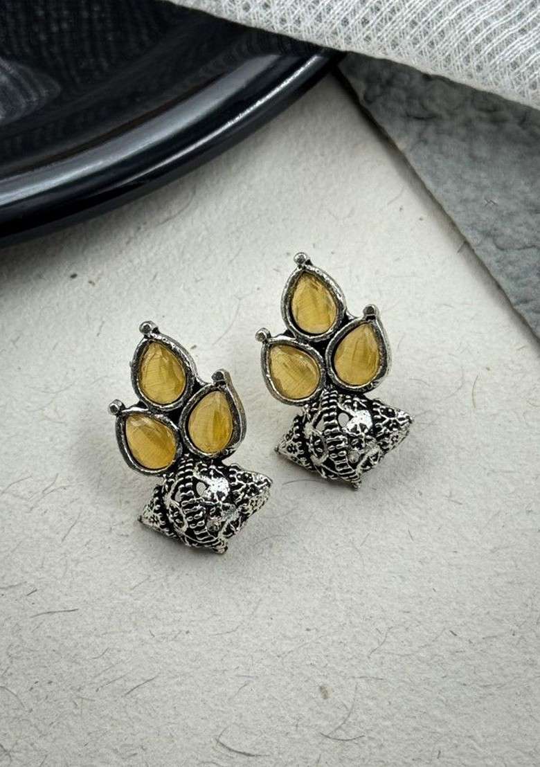 Silver Plated Artificial Stones Studded And Beaded Teardrop Shaped Oxidised Studs - Indya