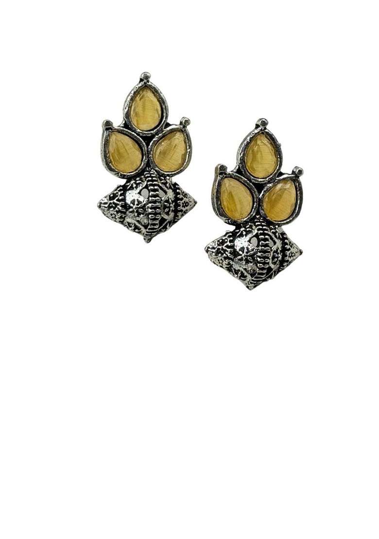 Silver Plated Artificial Stones Studded And Beaded Teardrop Shaped Oxidised Studs - Indya