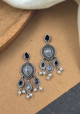 Silver Plated Artificial Stones And Beads Oxidised Contemporary Drop Earrings