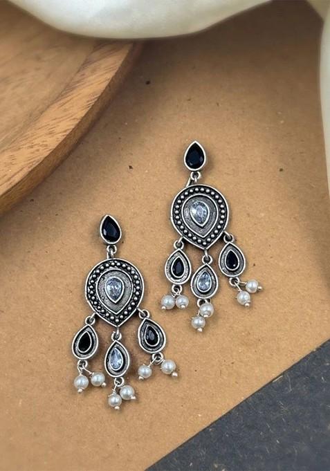 Silver Plated Artificial Stones And Beads Oxidised Contemporary Drop Earrings