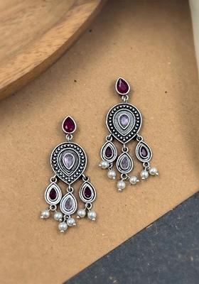 Silver Plated Artificial Stones And Beads Oxidised Contemporary Drop Earrings