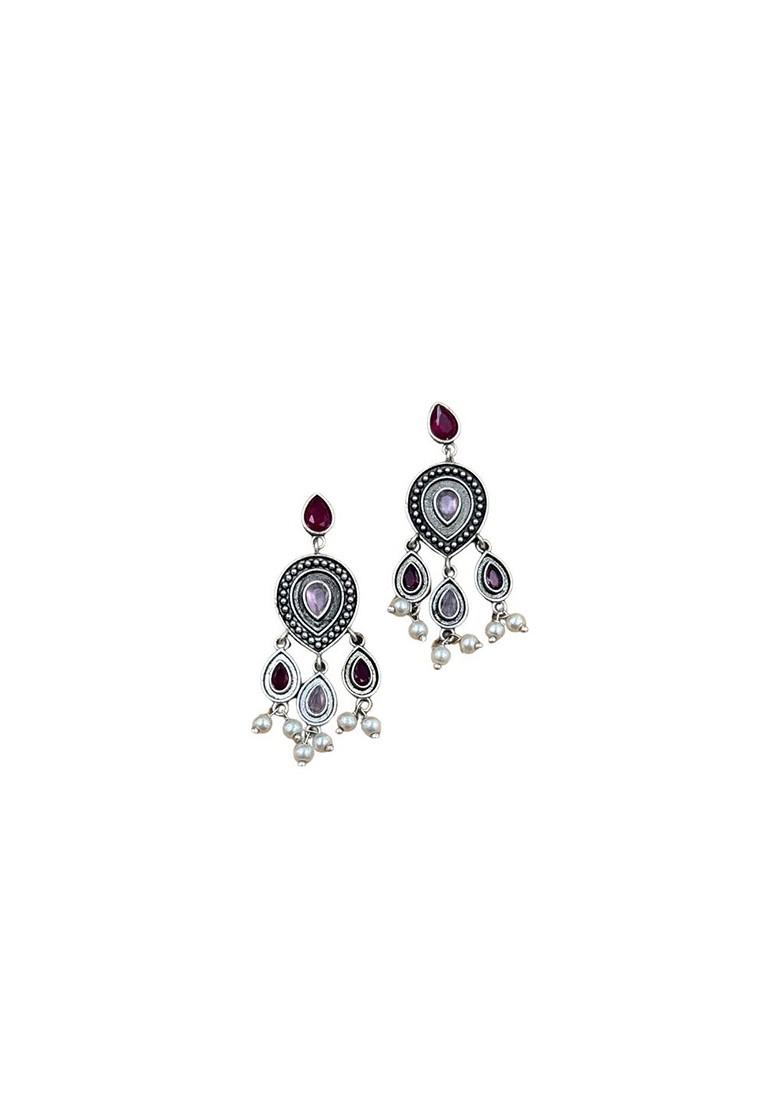 Silver Plated Artificial Stones And Beads Oxidised Contemporary Drop Earrings