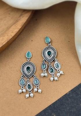 Silver Plated Artificial Stones And Beads Oxidised Contemporary Drop Earrings