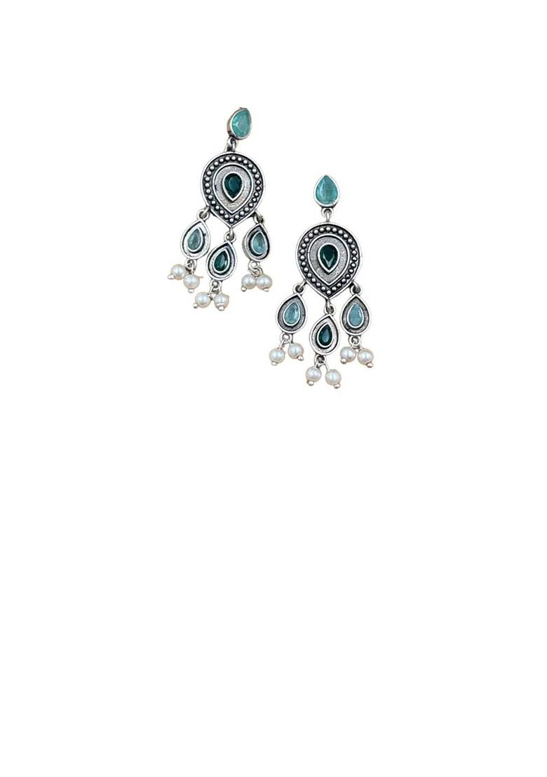 Silver Plated Artificial Stones And Beads Oxidised Contemporary Drop Earrings