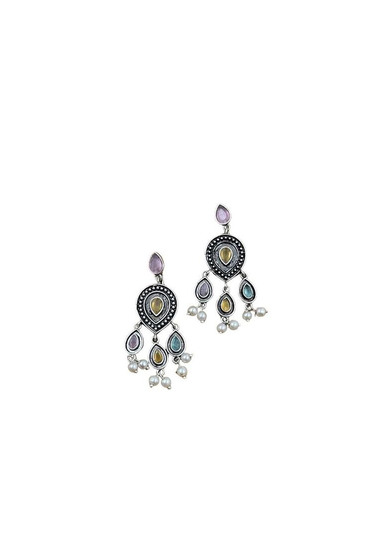 Silver Plated Artificial Stones And Beads Oxidised Contemporary Drop Earrings