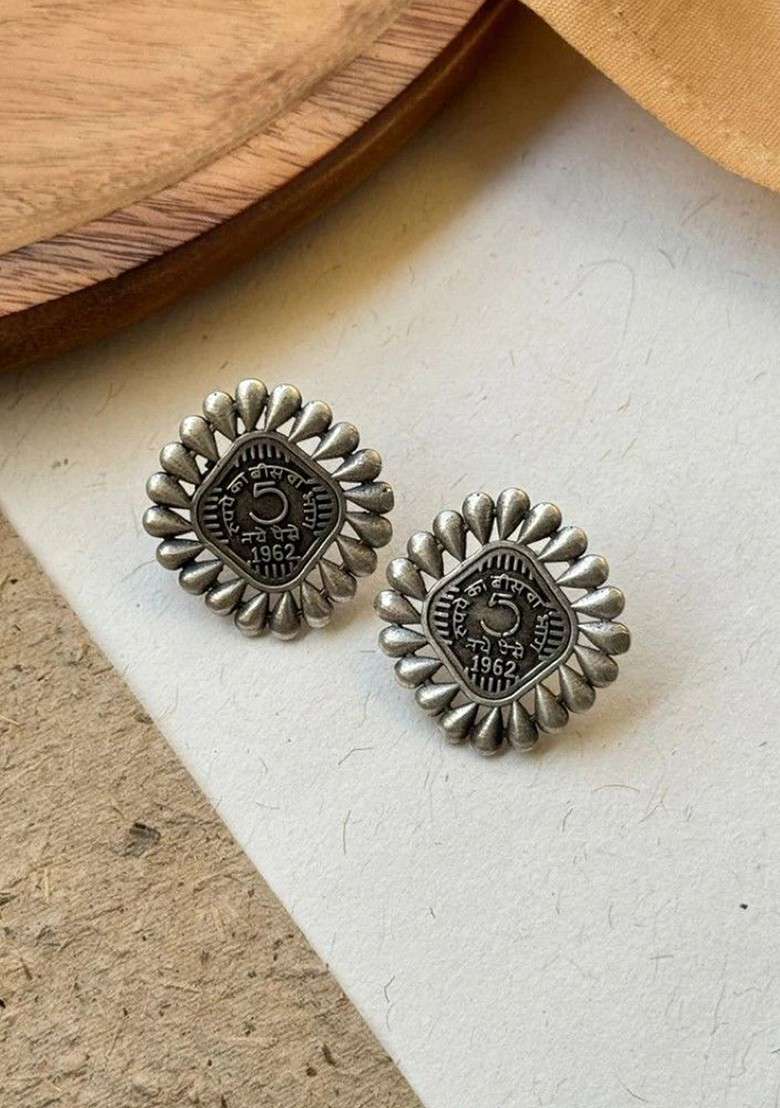 Silver Plated Oxidised Square Shaped Studs - Indya