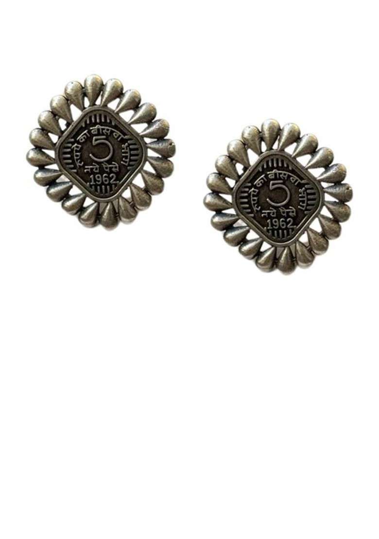 Silver Plated Oxidised Square Shaped Studs - Indya