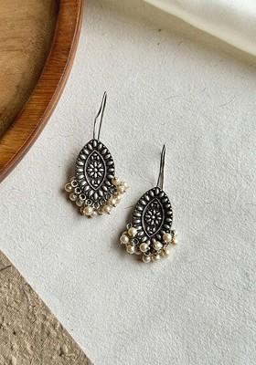 Silver Plated Artificial Stones And Beads Contemporary Shaped Drop Earrings