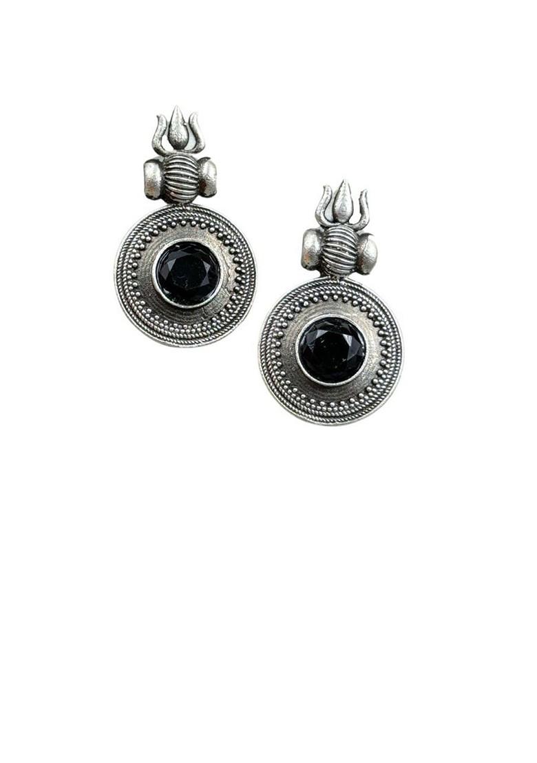 Silver Plated Artificial Stones Studded Circular Shaped Oxidised Drop Earrings