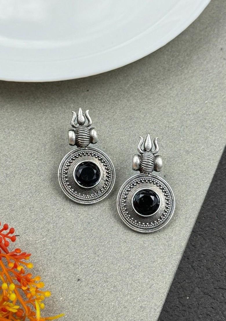 Silver Plated Artificial Stones Studded Circular Shaped Oxidised Drop Earrings