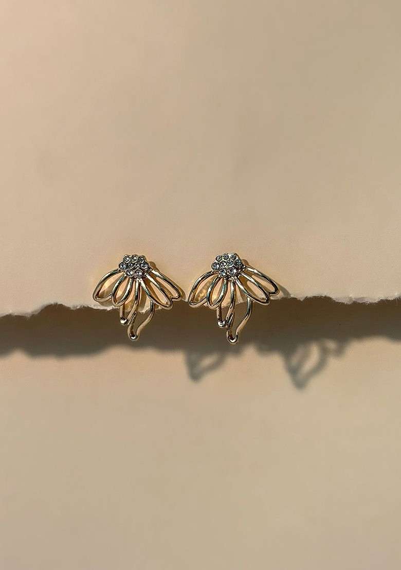 Gold Plated Cubic Zirconia Studded Floral Shaped Studs - Indya