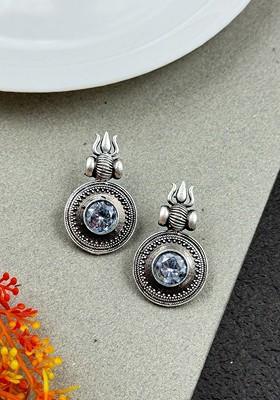 Silver Plated Artificial Stones Studded Circular Shaped Oxidised Drop Earrings