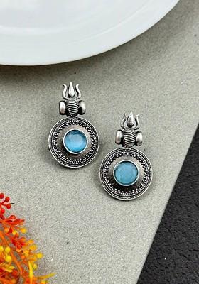 Silver Plated Artificial Stones Studded Circular Shaped Oxidised Drop Earrings