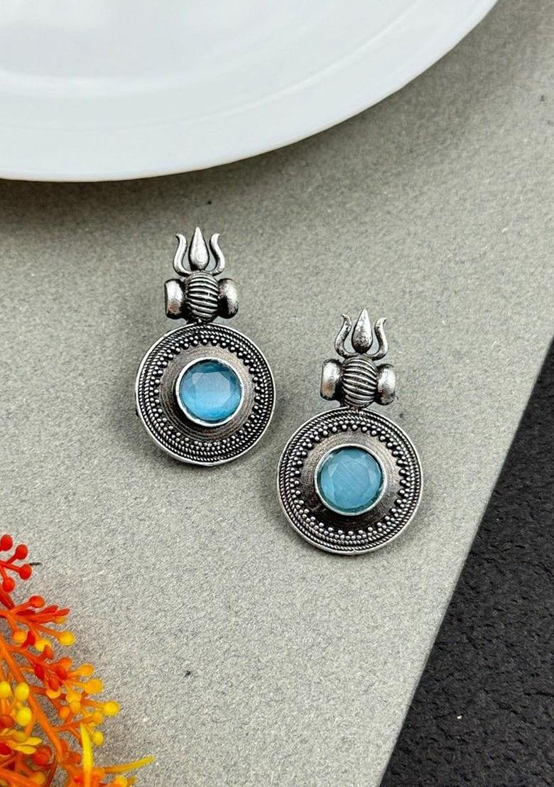 Silver Plated Artificial Stones Studded Circular Shaped Oxidised Drop Earrings