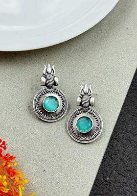 Silver Plated Artificial Stones Studded Circular Shaped Oxidised Drop Earrings